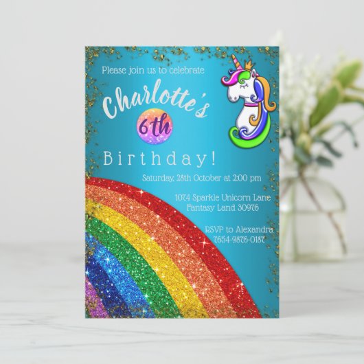 Invitation Parties scintillant Arc-en-ciel bleu clair licorne (Debout devant)