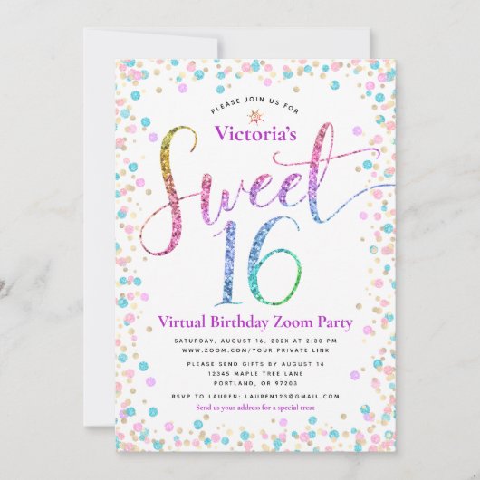 Invitation Parties scintillant arc-en-ciel Confetti Virtual S (Devant)