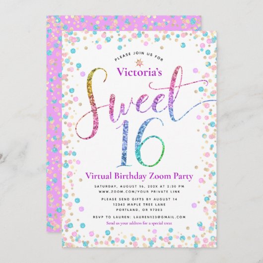 Invitation Parties scintillant arc-en-ciel Confetti Virtual S (Devant / Derrière)