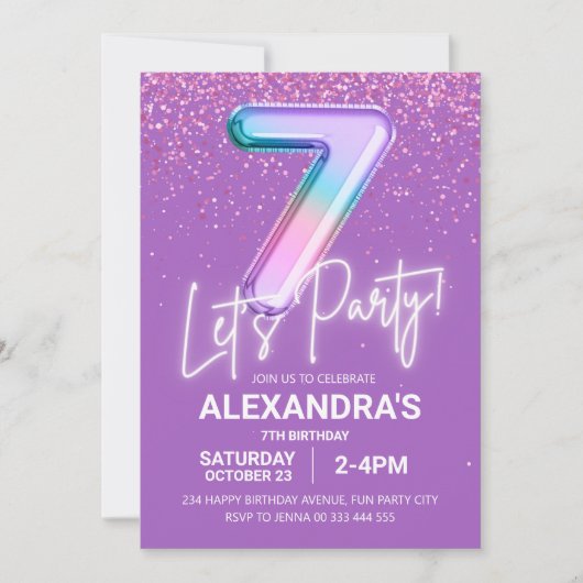 Invitation Parties scintillant arc-en-ciel fille 7e anniversa (Devant)