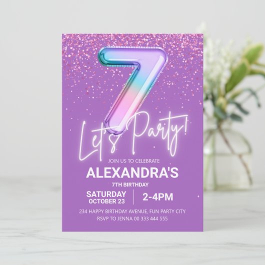 Invitation Parties scintillant arc-en-ciel fille 7e anniversa (Debout devant)