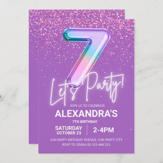 Invitation Parties scintillant arc-en-ciel fille 7e anniversa (Devant / Derrière)