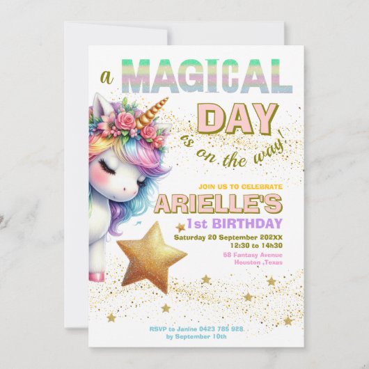 Invitation Parties scintillant arc-en-ciel licorne premier an (Devant)