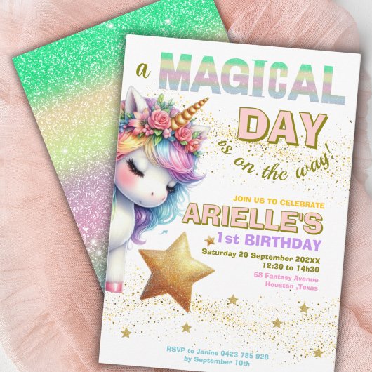 Invitation Parties scintillant arc-en-ciel licorne premier an