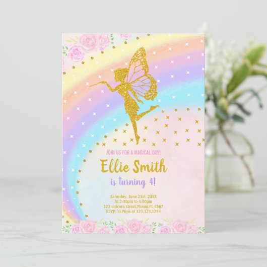 Invitation Parties scintillant arc-en-ciel modifiable Fairy A (Debout devant)