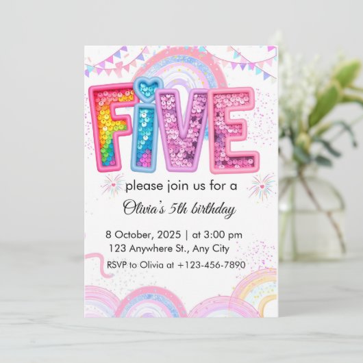 Invitation Parties scintillant arc-en-ciel personnalisée Invi (Debout devant)