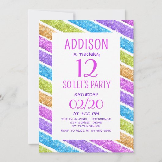 Invitation Parties scintillant arc-en-ciel rayures Anniversai (Devant)