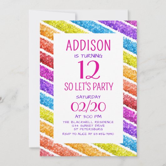 Invitation Parties scintillant arc-en-ciel rayures Anniversai (Devant)