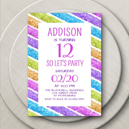 Invitation Parties scintillant arc-en-ciel rayures Anniversai
