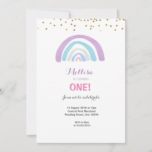 Invitation Parties scintillant arc-en-ciel rose 1er anniversa (Devant)