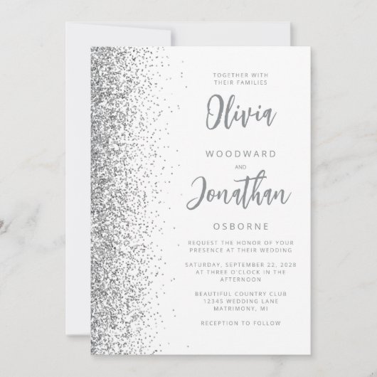 Invitation Parties scintillant argent blanc Script QR Code Ma (Devant)