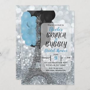 Invitation Parties scintillant Argent Bleu Balloons Eiffel To
