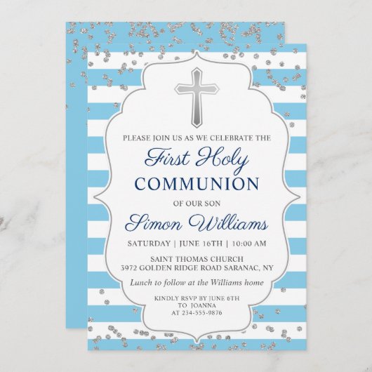 Invitation Parties scintillant Argent Bleu clair rayures Prem (Devant / Derrière)