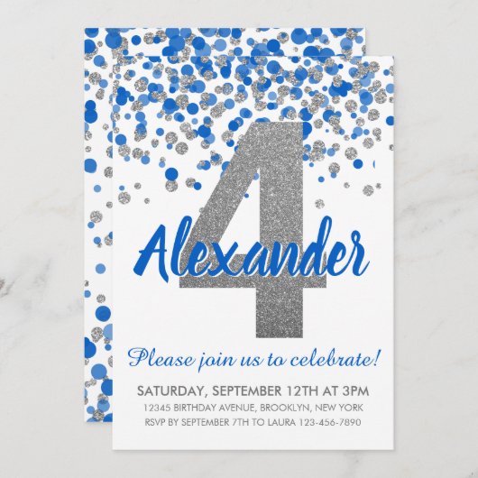 Invitation Parties scintillant Argent Bleu Confetti Garçon Qu (Devant / Derrière)