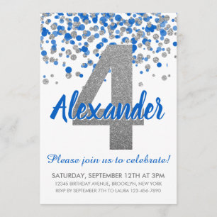 Invitation Parties scintillant Argent Bleu Confetti Garçon Qu