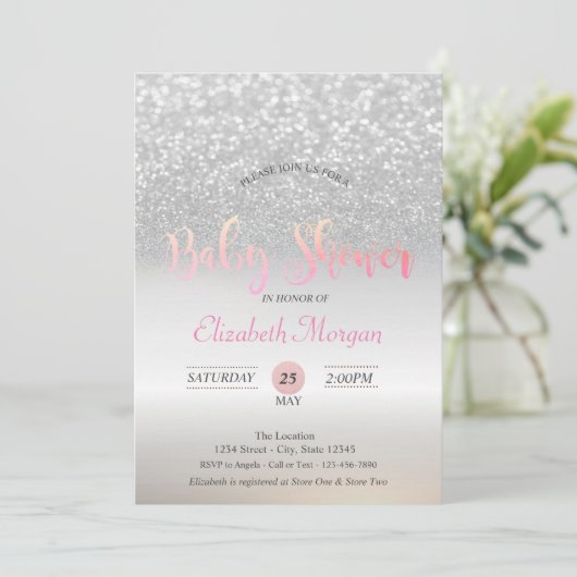 Invitation Parties scintillant Argent Bokeh Baby shower Invit (Debout devant)