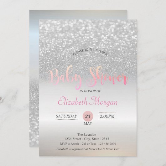 Invitation Parties scintillant Argent Bokeh Baby shower Invit (Devant / Derrière)
