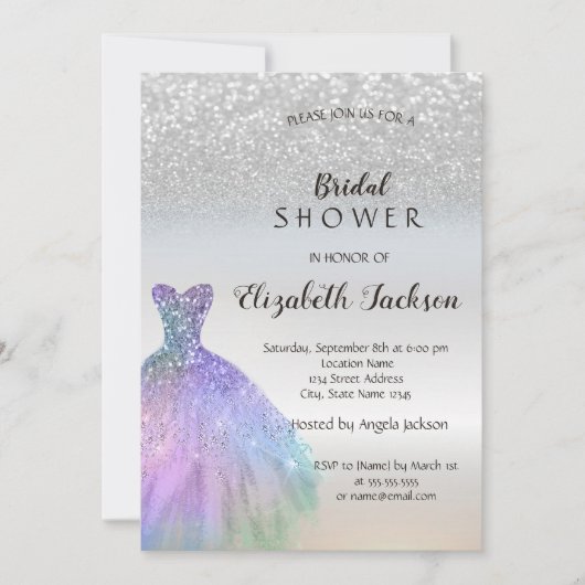 Invitation Parties scintillant Argent Bokeh, Fête des mariées (Devant)