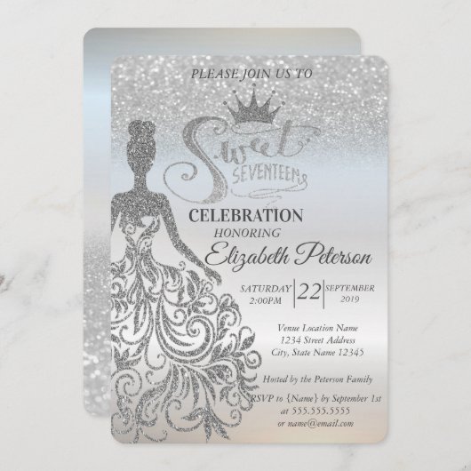 Invitation Parties scintillant Argent Bokeh Ombre, Robe, Tiar (Devant / Derrière)