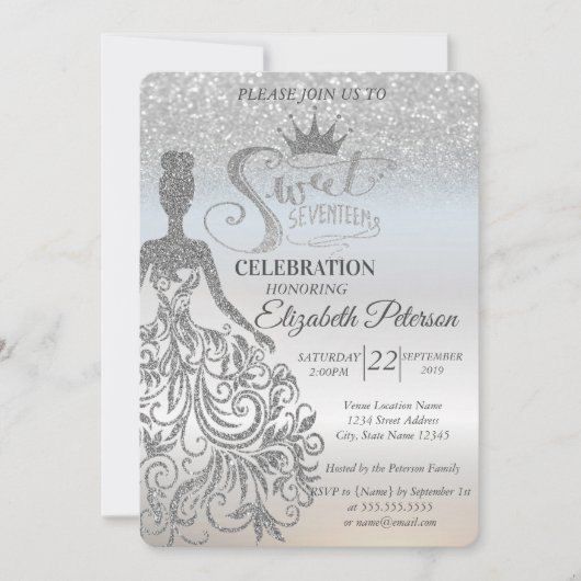 Invitation Parties scintillant Argent Bokeh Ombre, Robe, Tiar (Devant)
