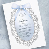 Invitation Parties scintillant Argent Cadre Bleu Bow Baptême