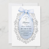 Invitation Parties scintillant Argent Cadre Bleu Bow Baptême (Devant)
