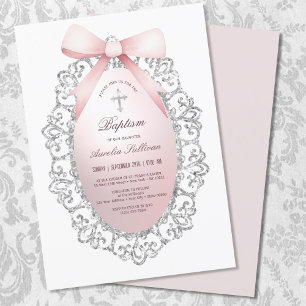 Invitation Parties scintillant Argent Cadre rose Bow Baptême