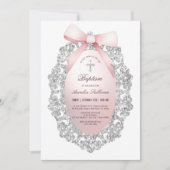 Invitation Parties scintillant Argent Cadre rose Bow Baptême (Devant)