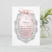 Invitation Parties scintillant Argent Cadre rose Bow Baptême (Debout devant)