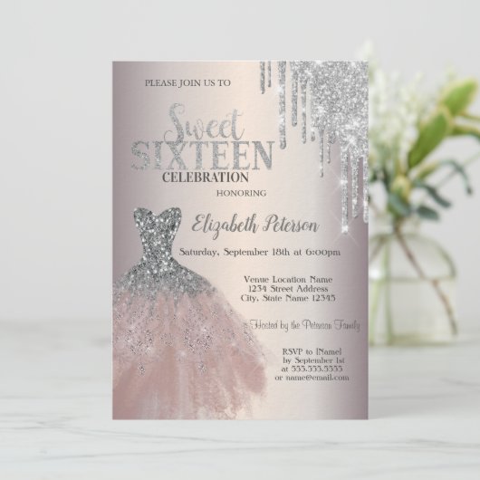 Invitation Parties scintillant Argent, Chic Robe Douce 16 (Debout devant)