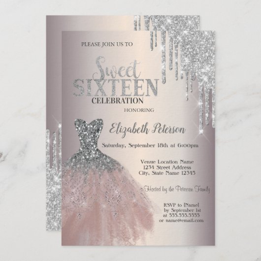 Invitation Parties scintillant Argent, Chic Robe Douce 16 (Devant / Derrière)