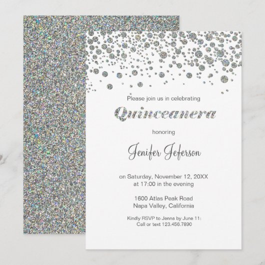 Invitation Parties scintillant argent confetti Quinceanera In (Devant / Derrière)