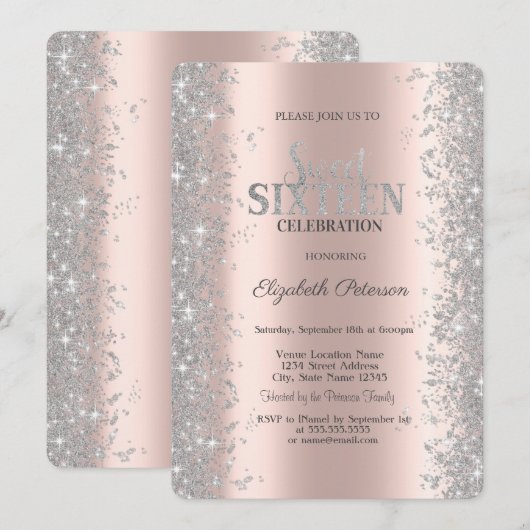 Invitation Parties scintillant Argent Confetti Rose Gold Swee (Devant / Derrière)