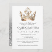 Invitation Parties scintillant Argent Couronne Quinceanera An (Devant / Derrière)