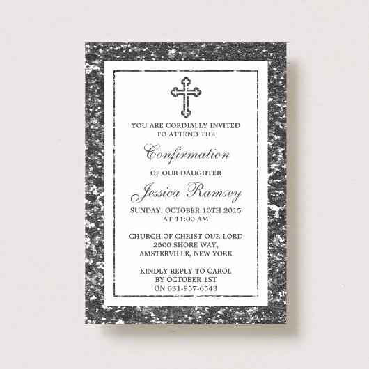 Invitation Parties scintillant Argent Croix Sainte Communion