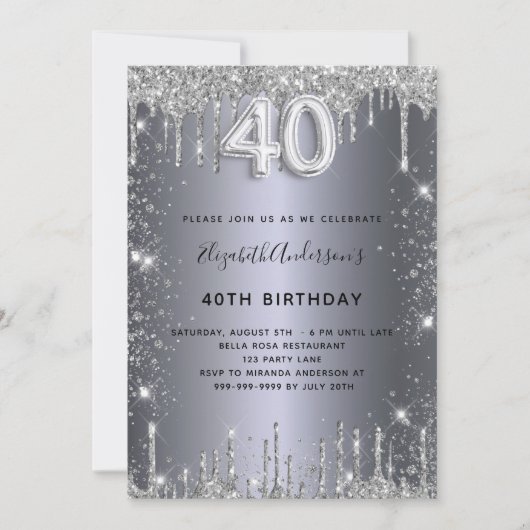 Invitation parties scintillant argent de 40e anniversaire gou (Devant)