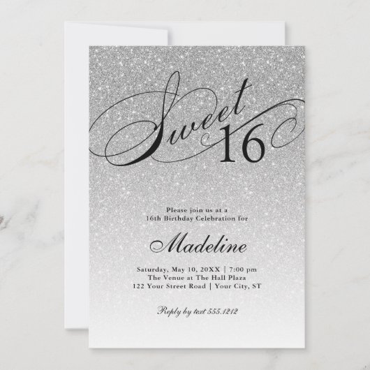 Invitation Parties scintillant argent douce 16 Fancy Script I (Devant)