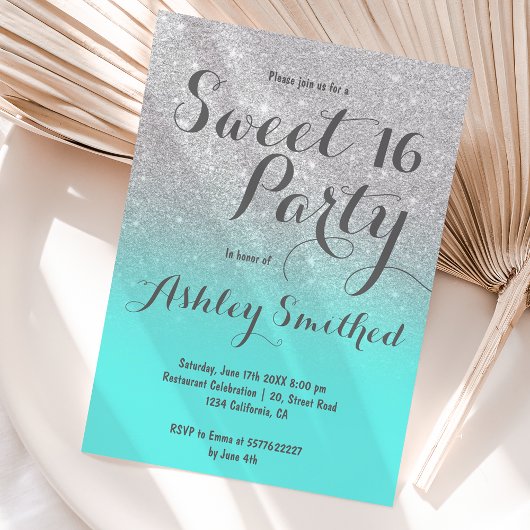 Invitation Parties scintillant argent faux moderne turquoise
