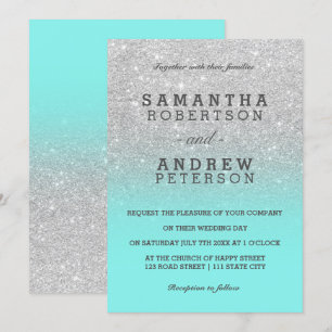 Invitation Parties scintillant argent faux turquoise océan om