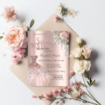 Invitation Parties scintillant Argent, Fleurs Roses Douces 16<br><div class="desc">Une élégante robe argentée,  des fleurs et de la parties scintillant argentée goutte à goutte sur un arrière - plan rose en or.</div>