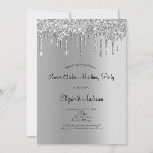 Invitation Parties scintillant argent goutte glam douce 16 An (Devant)