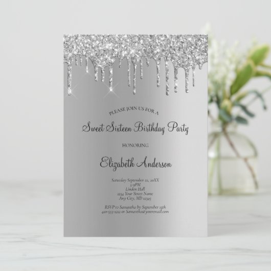 Invitation Parties scintillant argent goutte glam douce 16 An (Debout devant)
