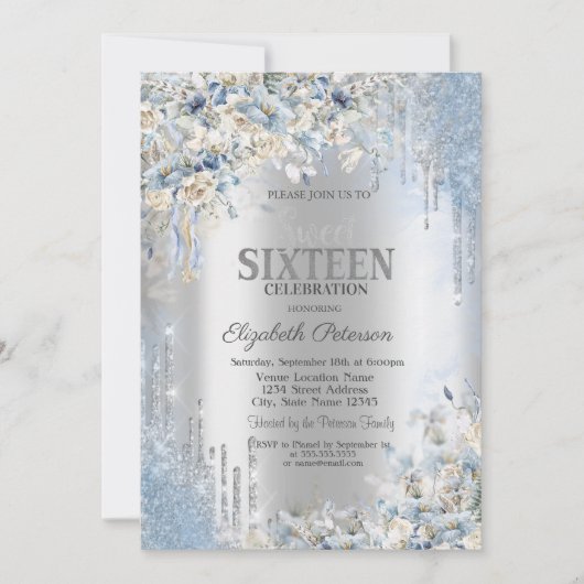 Invitation Parties scintillant argent gouttes Fleurs bleues d (Devant)