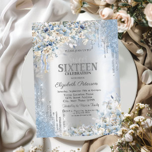 Invitation Parties scintillant argent gouttes Fleurs bleues d