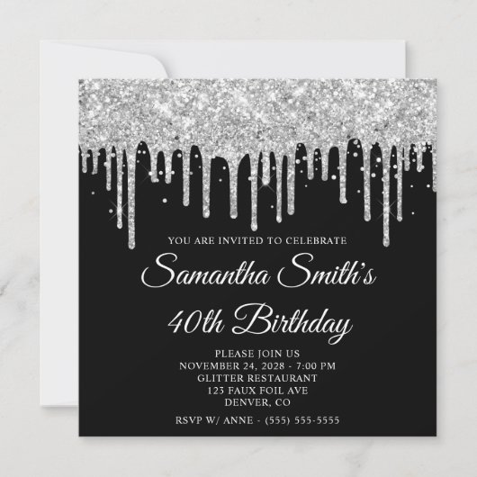 Invitation Parties scintillant argent gouttes noir 40e annive (Devant)