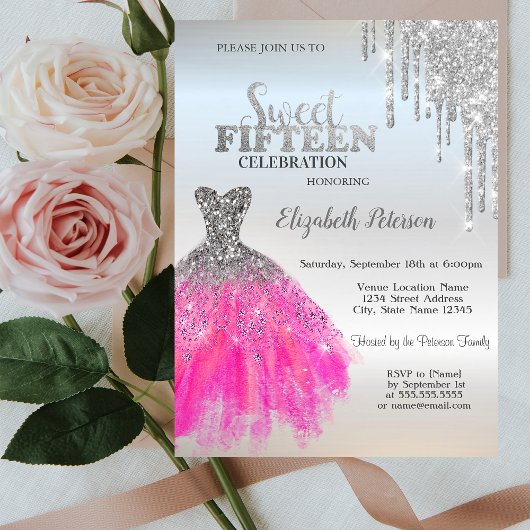 Invitation Parties scintillant argent gouttes, Robe adorable