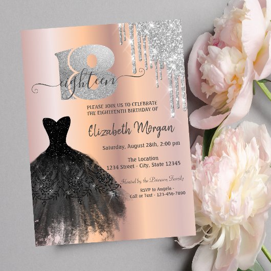 Invitation Parties scintillant argent gouttes robe noire 18e 