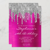 Invitation Parties scintillant argent gouttes rose chaud 50e  (Devant / Derrière)