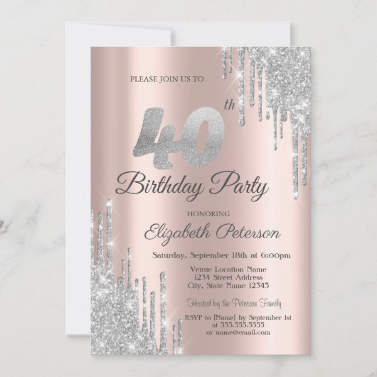 Invitation Parties scintillant argent gouttes Rose Gold 40e f (Devant)
