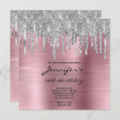 Invitation Parties scintillant argent gouttes rose huile 60e  (Devant / Derrière)